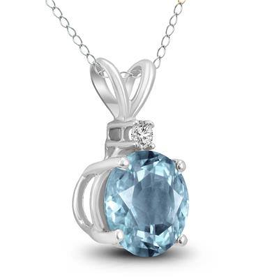 14K White Gold 4MM Round Aquamarine and Diamond Pendant