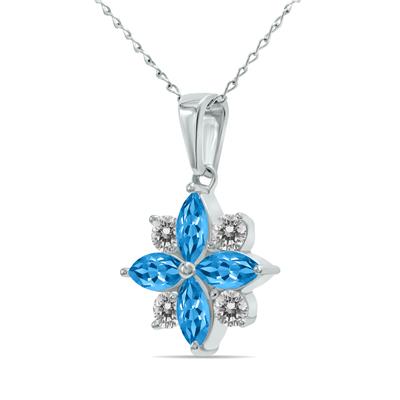 3/4 Carat TW Blue Topaz and Diamond Flower Pendant in 10K White Gold