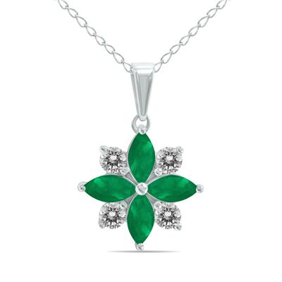 3/4 Carat TW Emerald and Diamond Flower Pendant in 10K White Gold