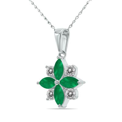 3/4 Carat TW Emerald and Diamond Flower Pendant in 10K White Gold