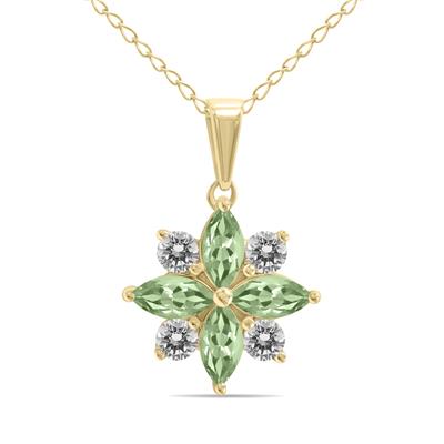 3/4 Carat TW Green Amethyst and Diamond Flower Pendant in 10K Yellow Gold