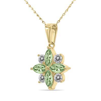 3/4 Carat TW Green Amethyst and Diamond Flower Pendant in 10K Yellow Gold