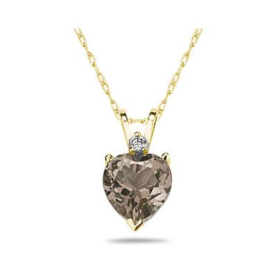 8mm Heart Smokey Quartz and Diamond Stud Pendant in 14K Yellow Gold