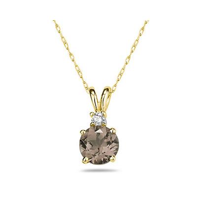 9mm Round Smokey Quartz and Diamond Stud Pendant in 14K Yellow Gold