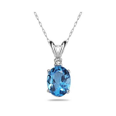 9X7mm Oval Blue Topaz and Diamond Stud Pendant in 14K White Gold