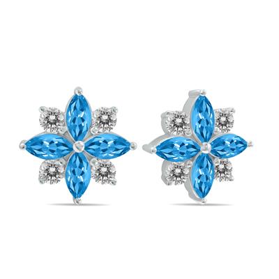 1 Carat TW Blue Topaz and Diamond Flower Earrings in 10K White Gold