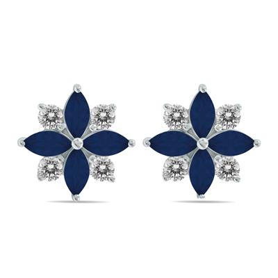 1 Carat TW Sapphire and Diamond Flower Earrings in 10K White Gold