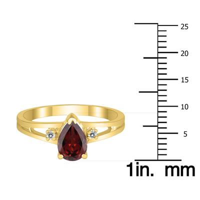 7X5MM Garnet and Diamond Pear Shaped Open Three Stone Ring in 10K Yellow Gold