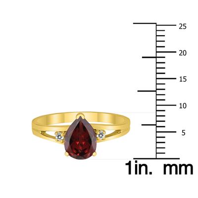 8X6MM Garnet and Diamond Pear Shaped Open Three Stone Ring in 10K Yellow Gold