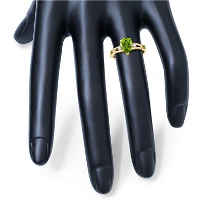 8X6MM Peridot and Diamond Pear Shaped Open Three Stone Ring in 10K Yellow Gold