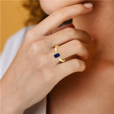 Emerald Cut 6X4MM Sapphire and Diamond Three Stone Ring in 10K Yellow Gold