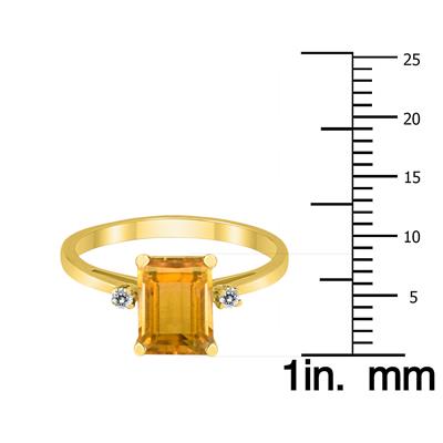 Emerald Cut 8X6MM Citrine and Diamond Three Stone Ring in 10K Yellow Gold