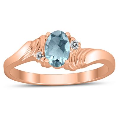 6X4MM Aquamarine and Diamond Wave Ring in 10K Rose Gold