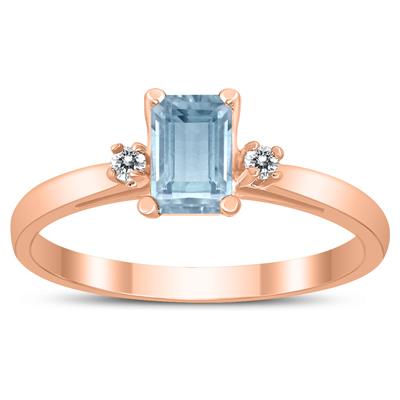 Emerald Cut 6X4MM Aquamarine and Diamond Three Stone Ring in 10K Rose Gold