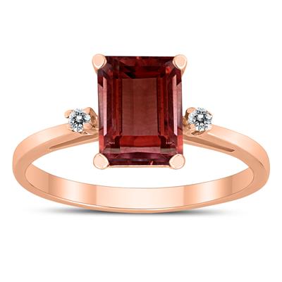 Emerald Cut 8X6MM Garnet and Diamond Three Stone Ring in 10K Rose Gold