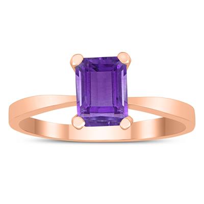 Emerald Shaped 7X5MM Amethyst Solitaire Ring in 10K Rose Gold