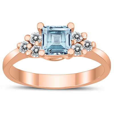 Princess Cut 5X5MM Aquamarine and Diamond Duchess Ring in 10K Rose Gold