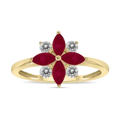 3/4 Carat TW Ruby and Diamond Flower Ring in 10K Yellow Gold