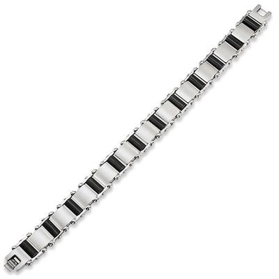 Stainless Steel Interchanging Squares and Black Rubber Cylinder Bracelet