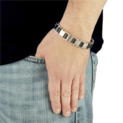 Stainless Steel Interchanging Squares and Black Rubber Cylinder Bracelet