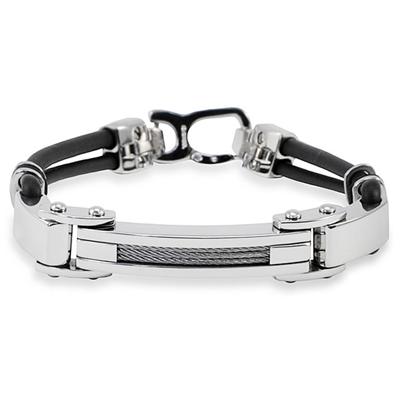 Stainless Steel Black Rubber Cable Band and Bold Steel Center Bracelet