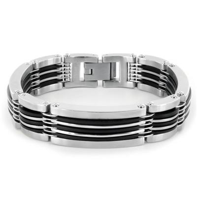Stainless Steel and Black Rubber Polished Bracelet