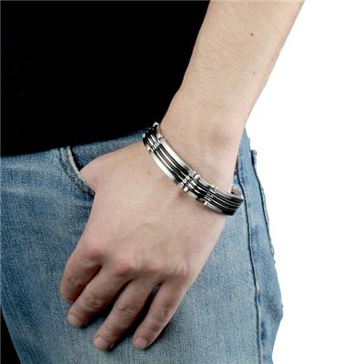 Stainless Steel and Black Rubber Polished Bracelet