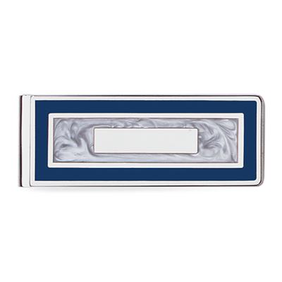 Blue Enamel Framed Mother of Pearl Hinged Money Clip 23K Electro Plated