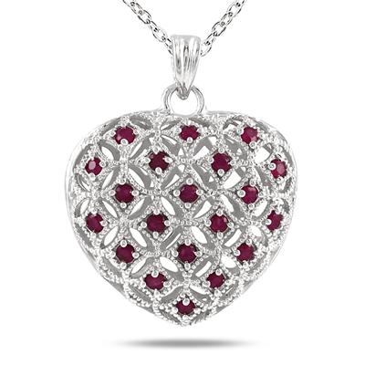 1 Carat Ruby Heart Puff Pendant in .925 Sterling Silver