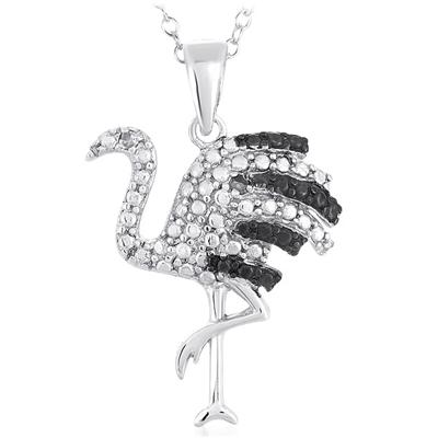 Black and White Diamond Flamingo Pendant in Rhodium Plated Brass