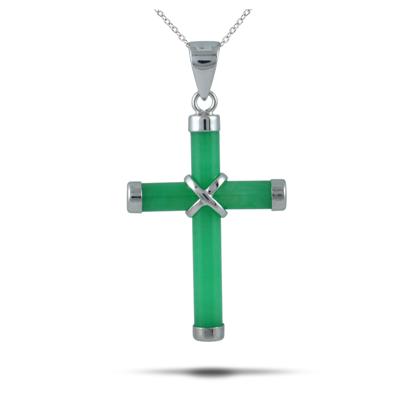 All Natural Green Jade Cross Pendant in 925 Sterling Silver