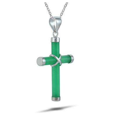 All Natural Green Jade Cross Pendant in 925 Sterling Silver