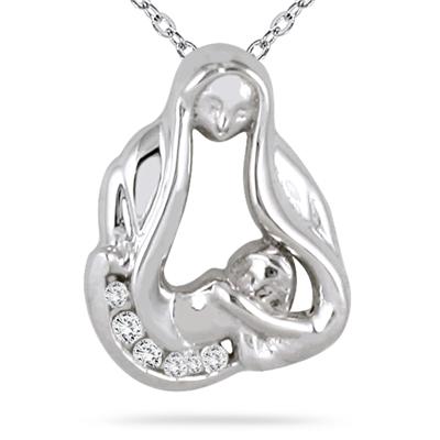 Baby with Mom Diamond Pendant 14k White Gold