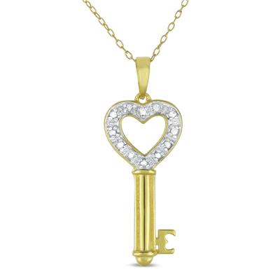 18K Gold Plated 1/10 Carat Diamond Heart Key Pendant in .925 Sterling