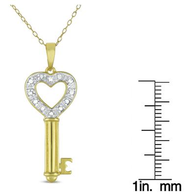 18K Gold Plated 1/10 Carat Diamond Heart Key Pendant in .925 Sterling