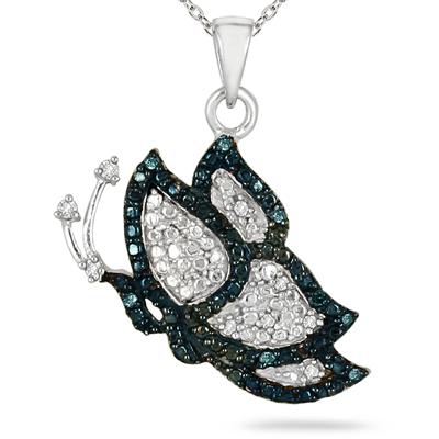 1/10 Carat Blue and White Diamond Butterfly Pendant in .925 Sterling Silver