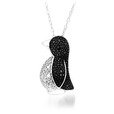 1/10 Carat Black and White Diamond Penguin Pendant in .925 Sterling Silver