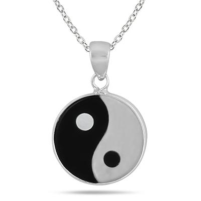 All Natural Onyx and Mother of Pearl Ying Yang Pendant in .925 Sterling Silver