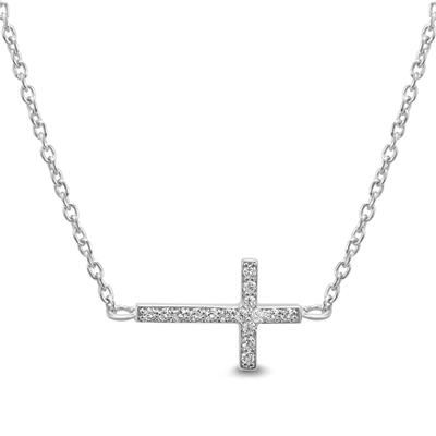 Created White Sapphire Sideways Cross Necklace in .925 Sterling Silver