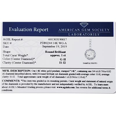 AGS Certified 1 Carat TW Halo Diamond Pendant in 14K White Gold