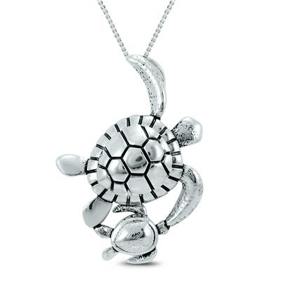 Mother and Baby Turtle Pendant in .925 Sterling Silver