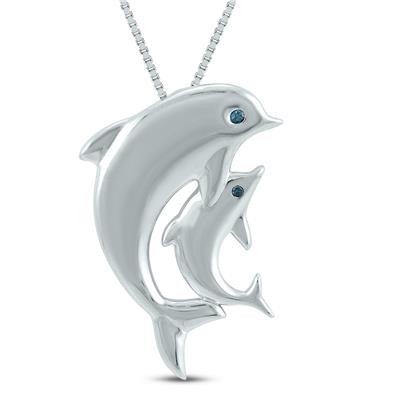 Genuine Blue Diamond Mother and Baby Dolphin Pendant in .925 Sterling Silver