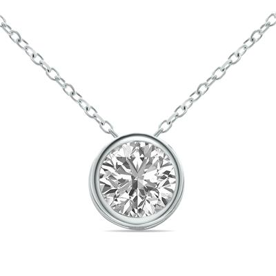 Lab Grown IGI Certified 3/4 Carat Round Solitaire Diamond Bezel Set Pendant in 14K White Gold (F-G Color, I1-I2 Clarity)