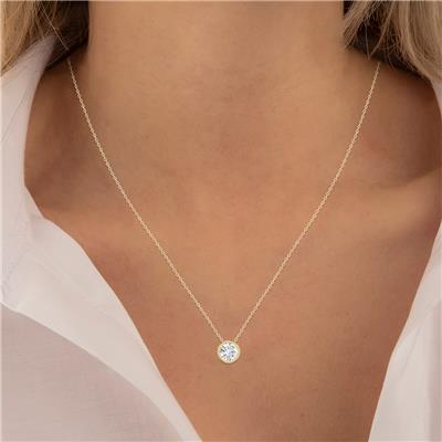 Lab Grown 1 Carat Round Bezel Set Diamond Solitaire Pendant in 14K Yellow Gold