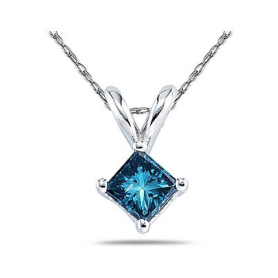 Blue Diamond Princess Cut Pendant in 14K White Gold