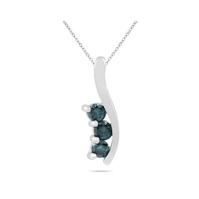 Three Stone Blue Diamond Pendant in 10K White Gold