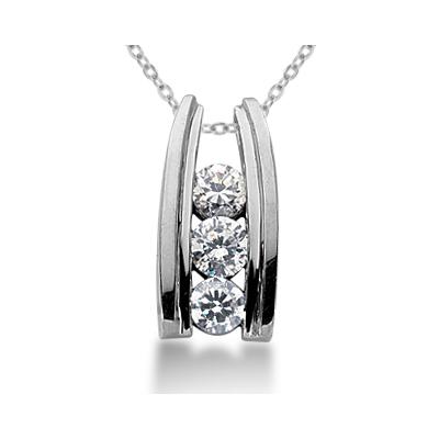 1.00CTW Bar Set Diamond Three Stone Pendant in 18k White Gold