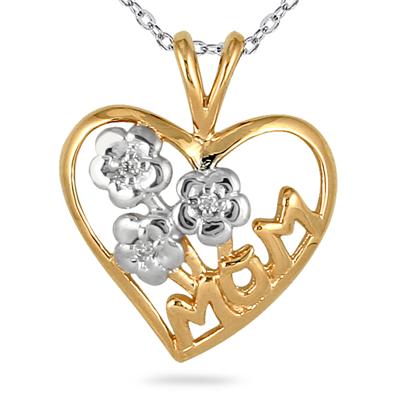 Diamond Flower Basket and Heart MOM Pendant 14K Yellow Gold