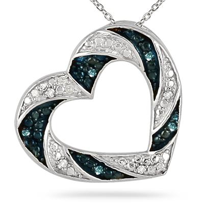 1/10 Carat Blue and White Diamond Heart Pendant in .925 Sterling Silver