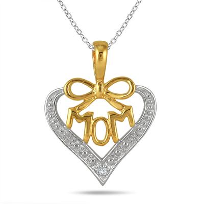18K Gold Plated Diamond Mom Heart Pendant in .925 Sterling Silver